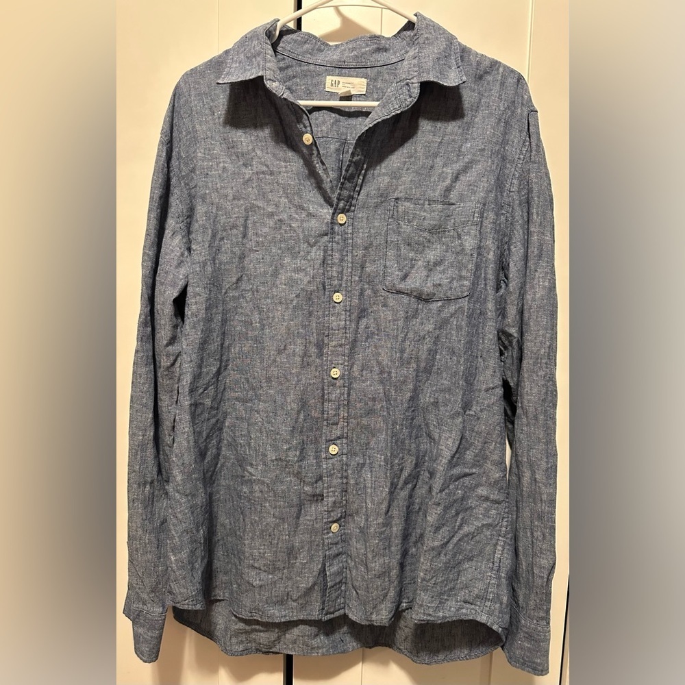 Gap Bluish Gray Standard Fit Linen and Cotton Blend Button Down Shirt‎ Size L